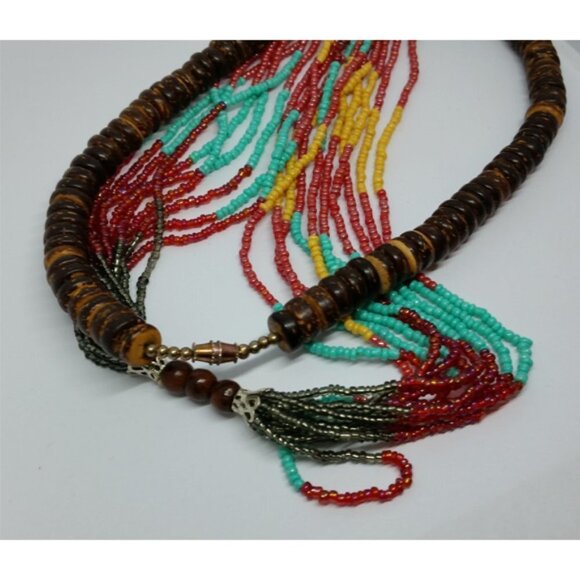 𝅺Curated bundle boho style colorful vibrant seed bead and wooden necklace - Picture 3 of 4